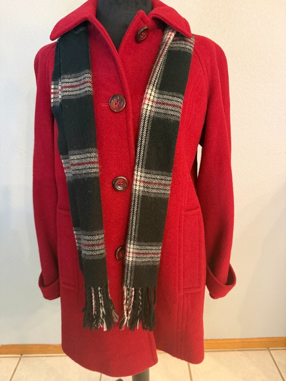 London Fog Petite Small Red Wool Blend Coat Plaid Scarf Button Front